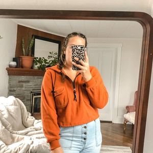 VINTAGE ROUTE 66 | Women's Small Burnt Orange Fleece Hoodie Cropped Quarter Zip